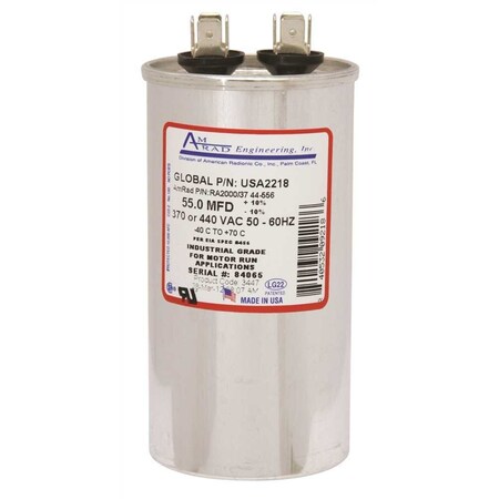 Amrad Engineering ROUND MOTOR RUN CAPACITOR, 55 MFD, 370/440 VAC USA2218